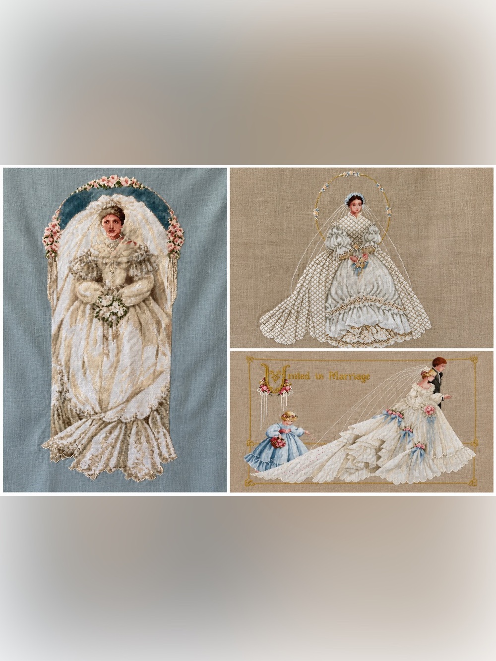 Hand-Stitched Cross Stitch Bridal Wedding Textile Art Set of 3